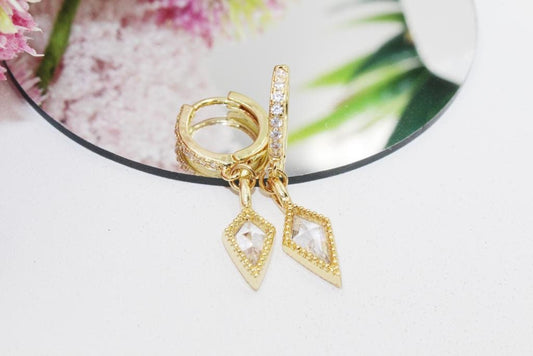 Diamond Shape Pendant, Cubic Zirconia Clip Huggies