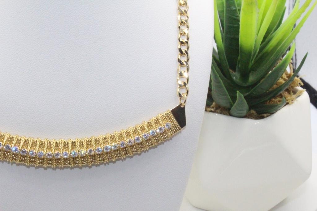 Gold Threaded Cubic Zirconia Accents Cuban Link Chain Necklace
