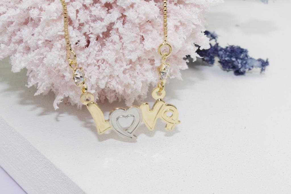 Two Tone "Love" Plaque Cubic Zirconia Stone Accents Box Chain Necklace