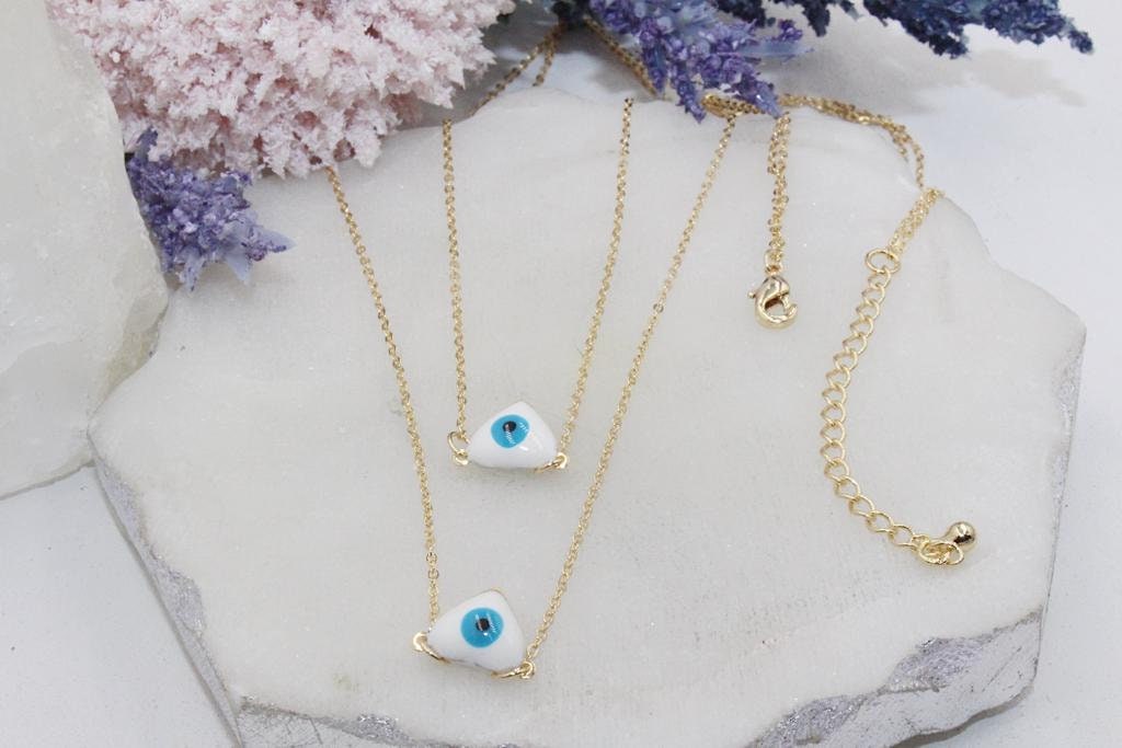 Blue Heart Shaped Evil Eye Double Chain Necklace