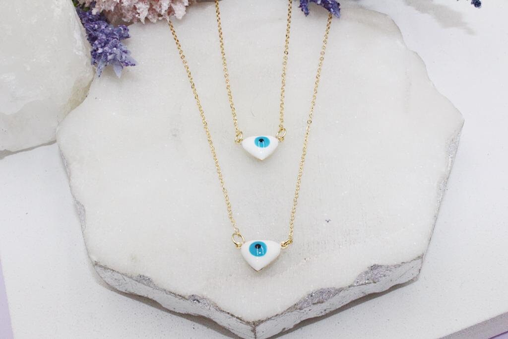 Blue Heart Shaped Evil Eye Double Chain Necklace