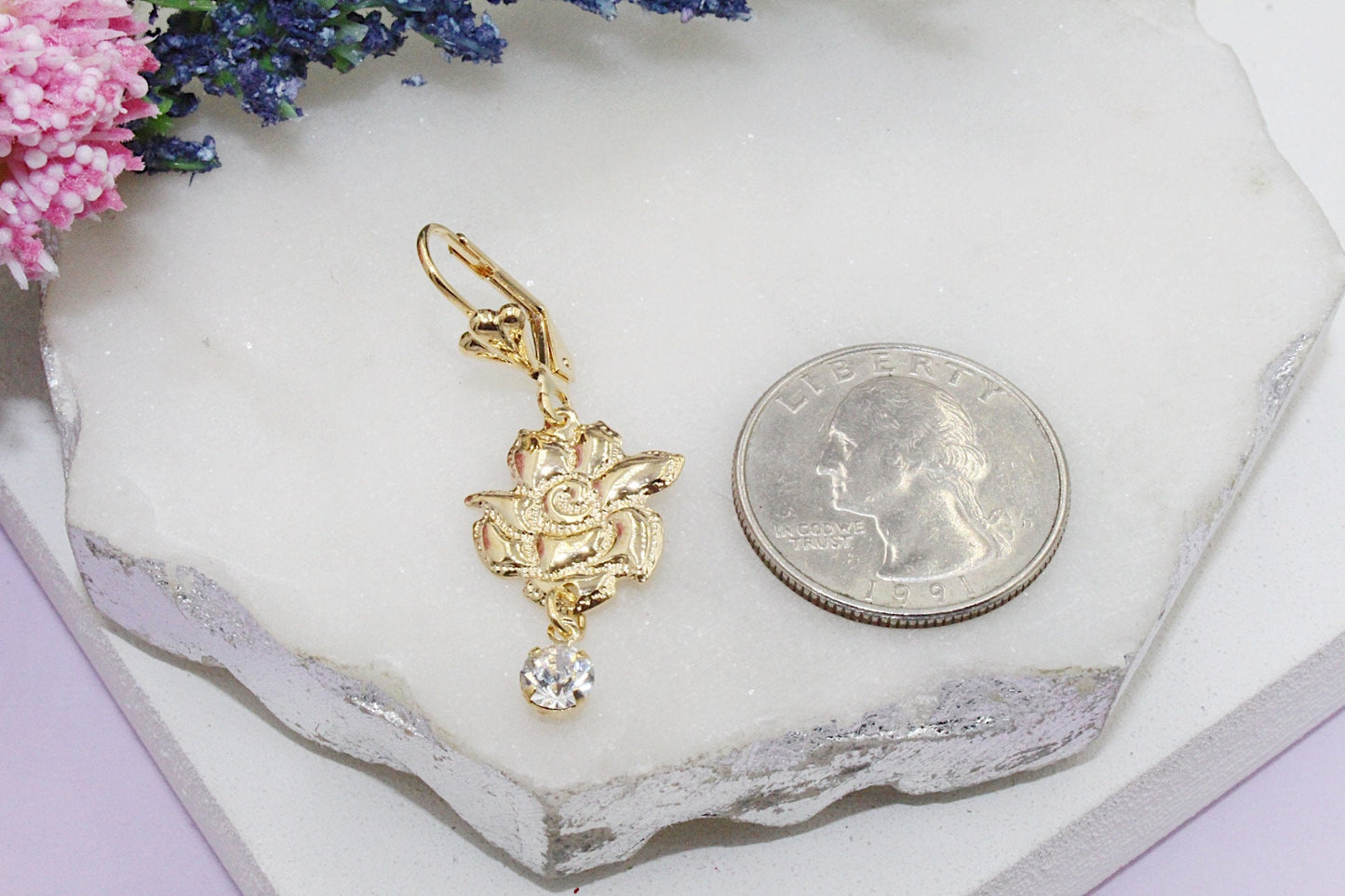 Rose Cubic Zirconia Detail Latch Earrings