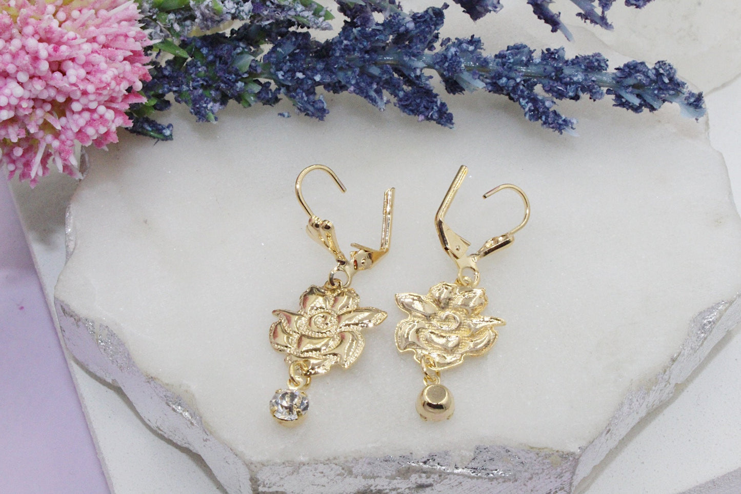 Rose Cubic Zirconia Detail Latch Earrings