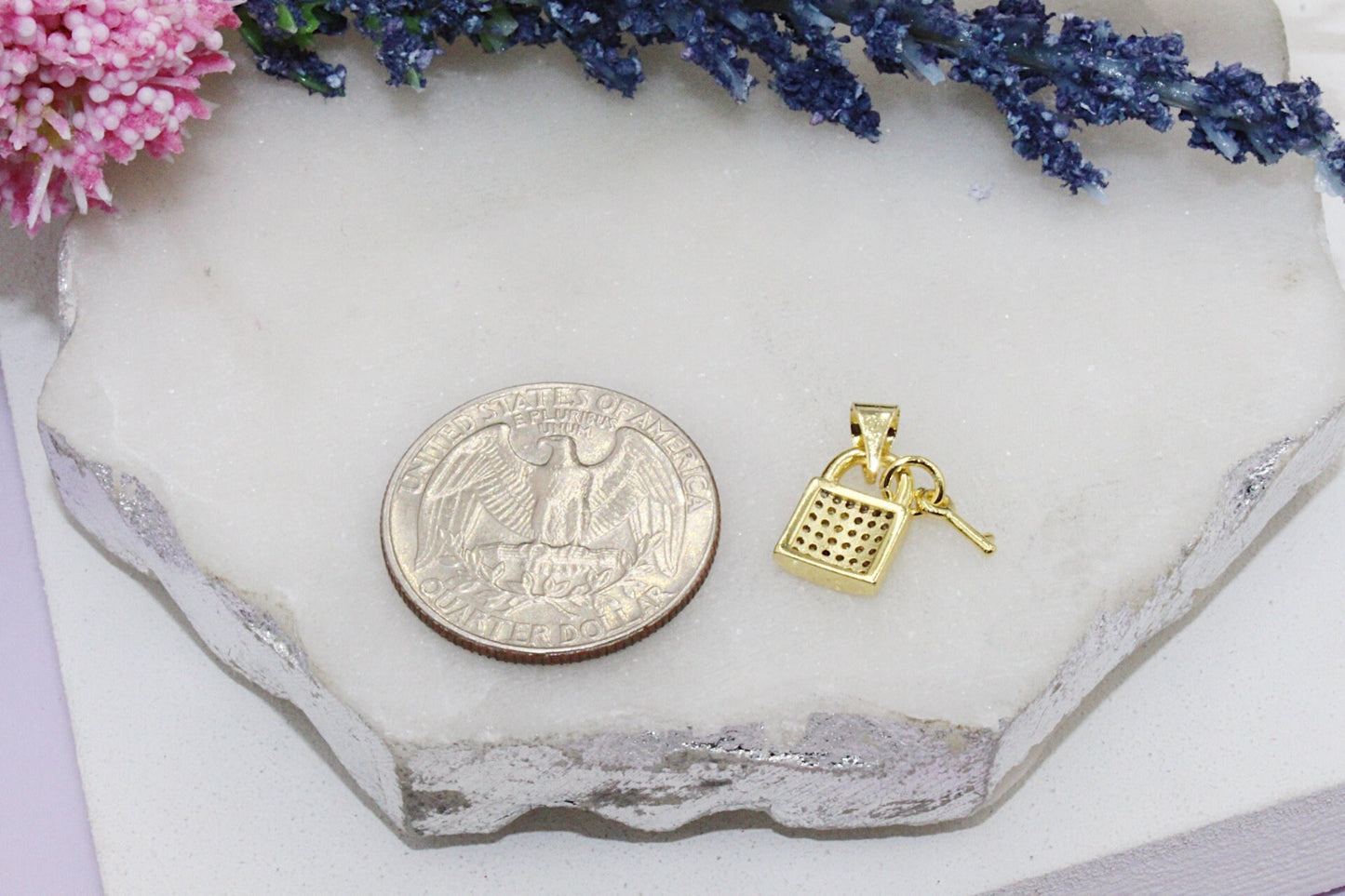 Dainty Micro Pave Cubic Zirconia Lock with Key Pendant