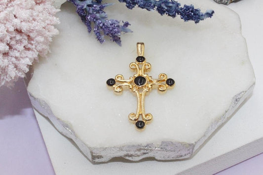 Black Stones Rose Gold Cross Pendant