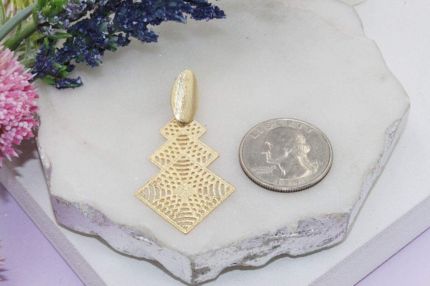 Triple Modern Filigree Diamond Shaped Drop Earrings