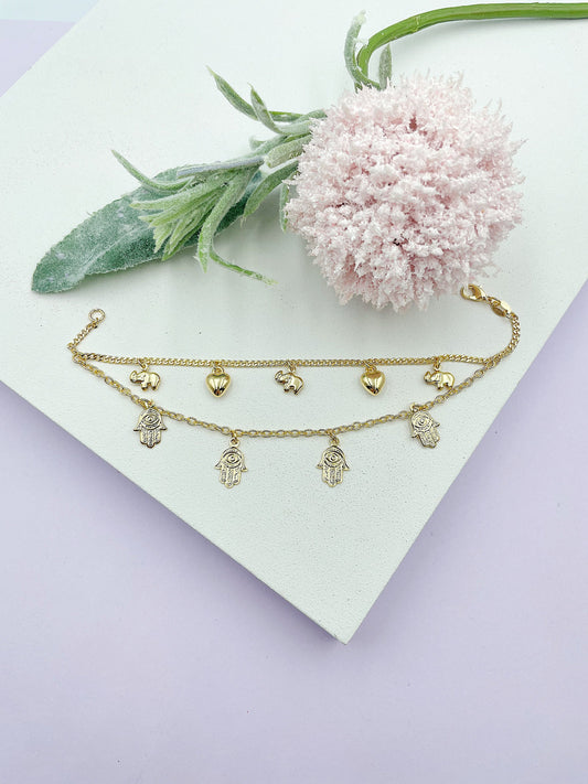 Double Chain With Heart, Elephants And Hamsa Pendants Bracelet