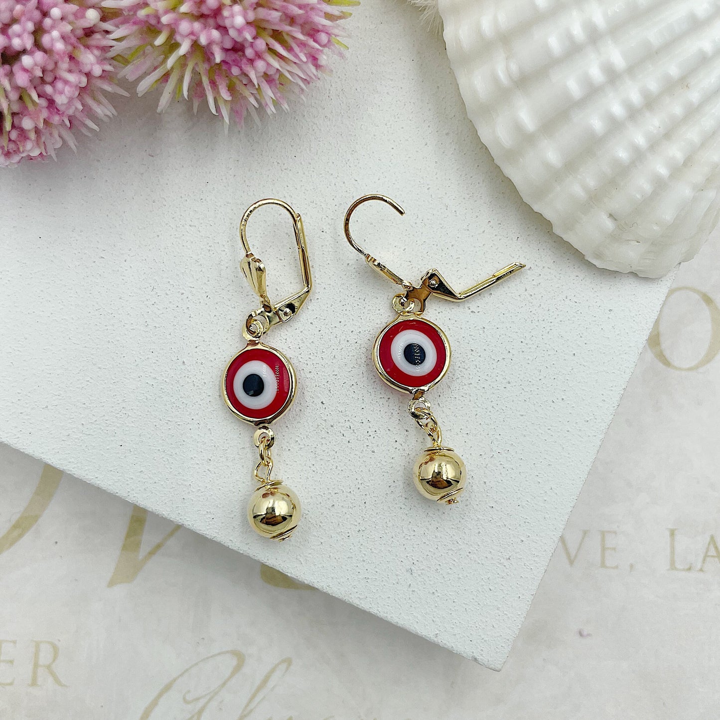 Red Greek Eye Hanging With Golden Ball Earrings