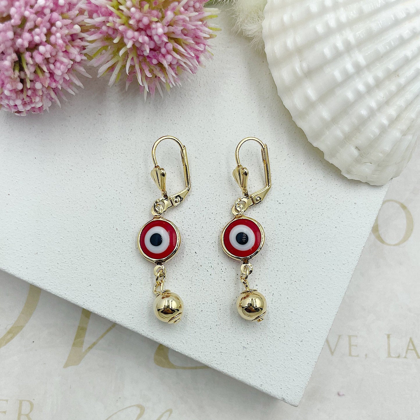 Red Greek Eye Hanging With Golden Ball Earrings