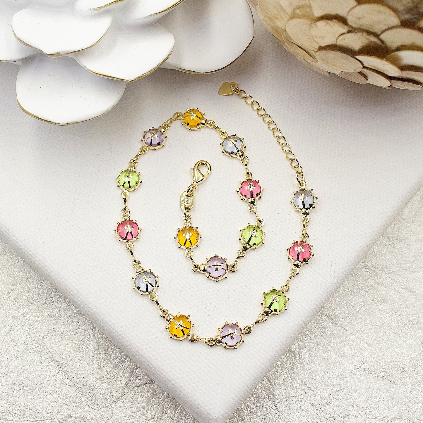Ladybug On Colored Stones Anklet