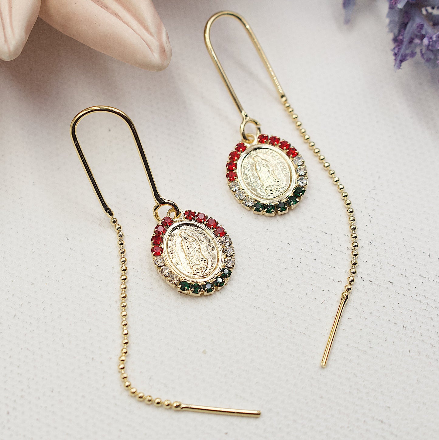 Lady of Guadalupe With Red, White And Green Stones Earrings