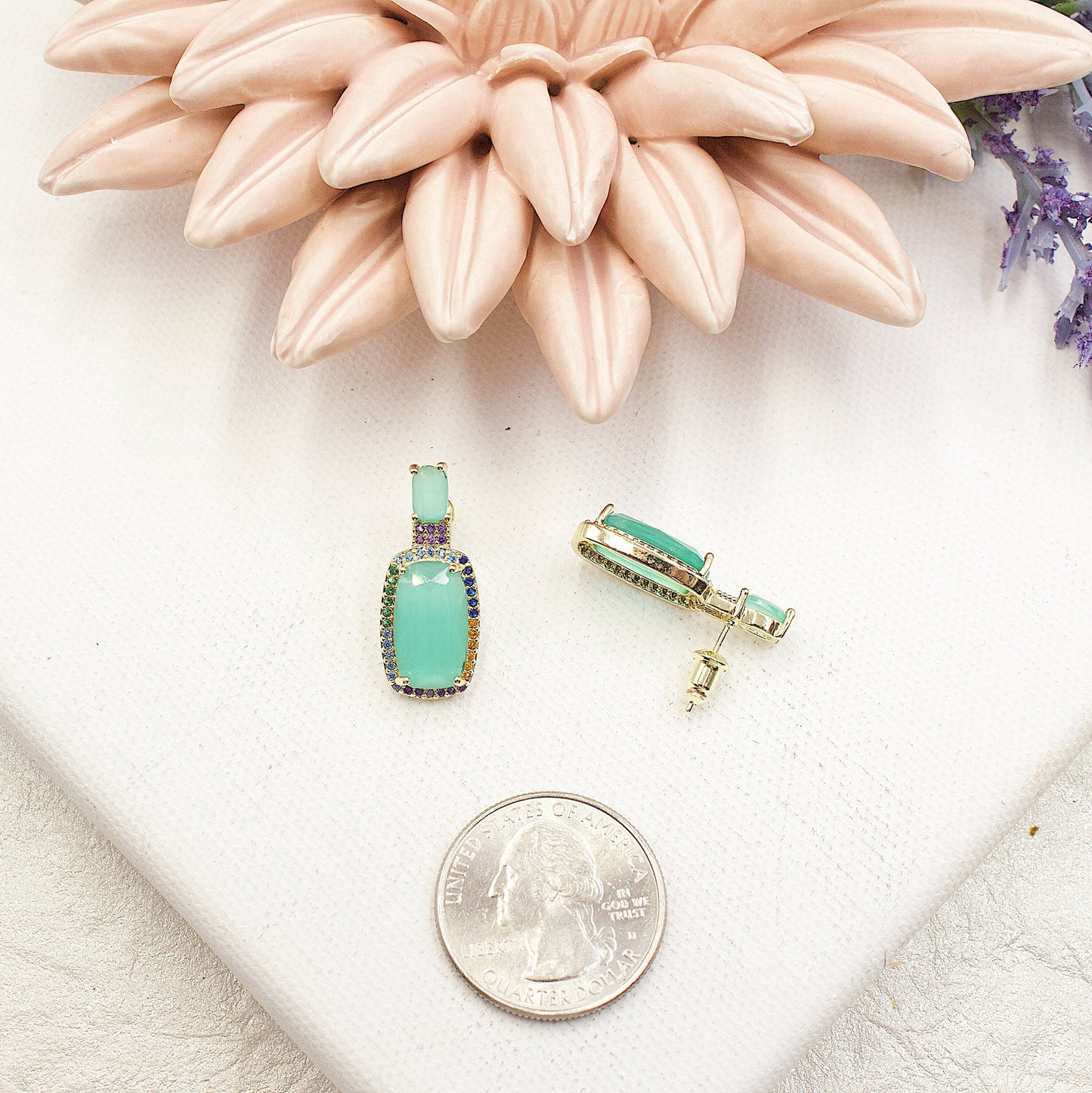 Turquoise Stone With Colored Rhinestones Around Stud Earrings