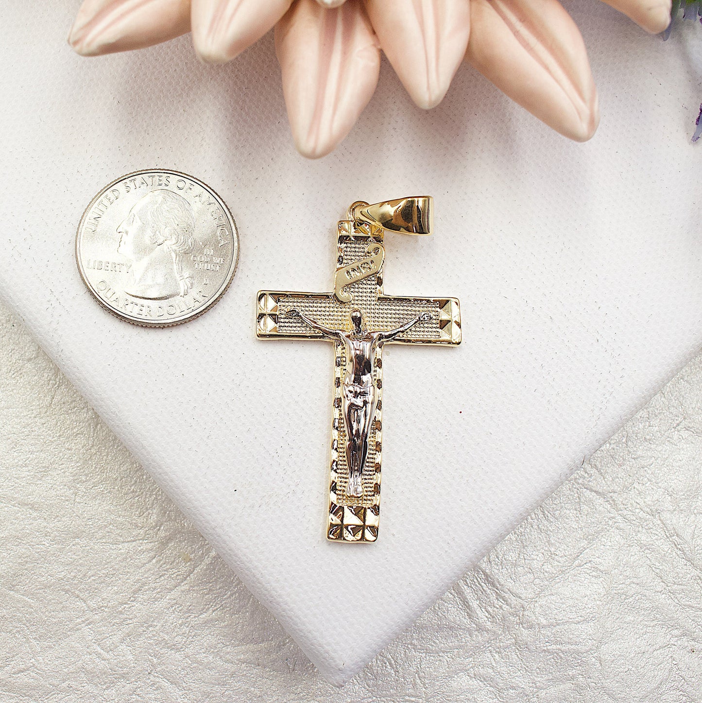 Golden Cross With Jesus In Silver Pendant