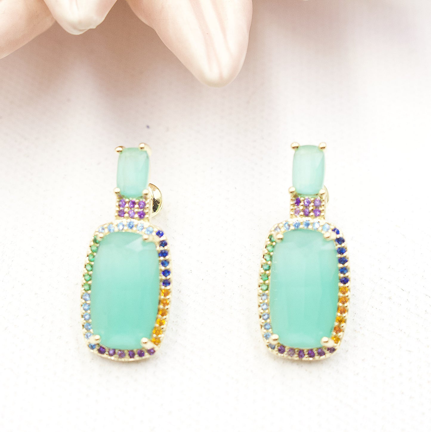 Turquoise Stone With Colored Rhinestones Around Stud Earrings