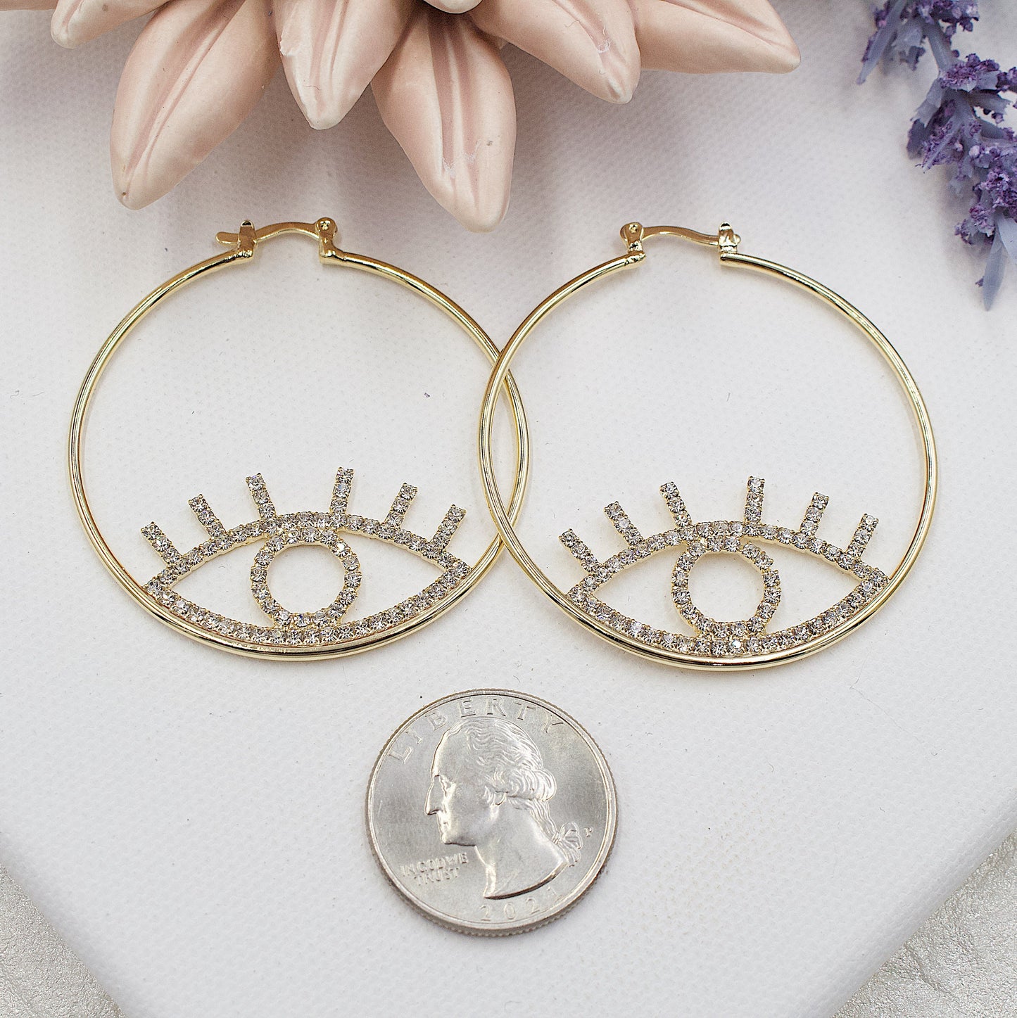 Ring With Rhinestone Eye Huggie Earrings
