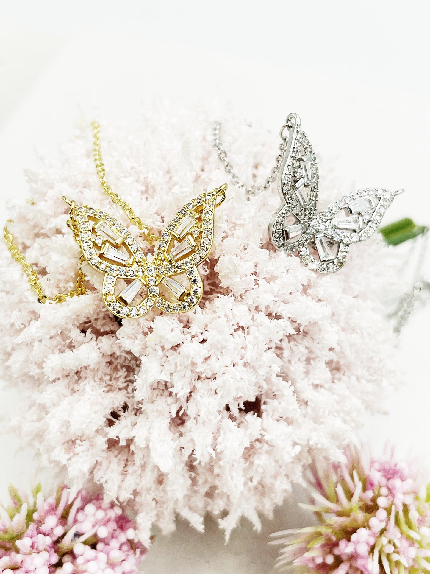 Baguette Cubic Zirconia Detail Butterfly Necklace