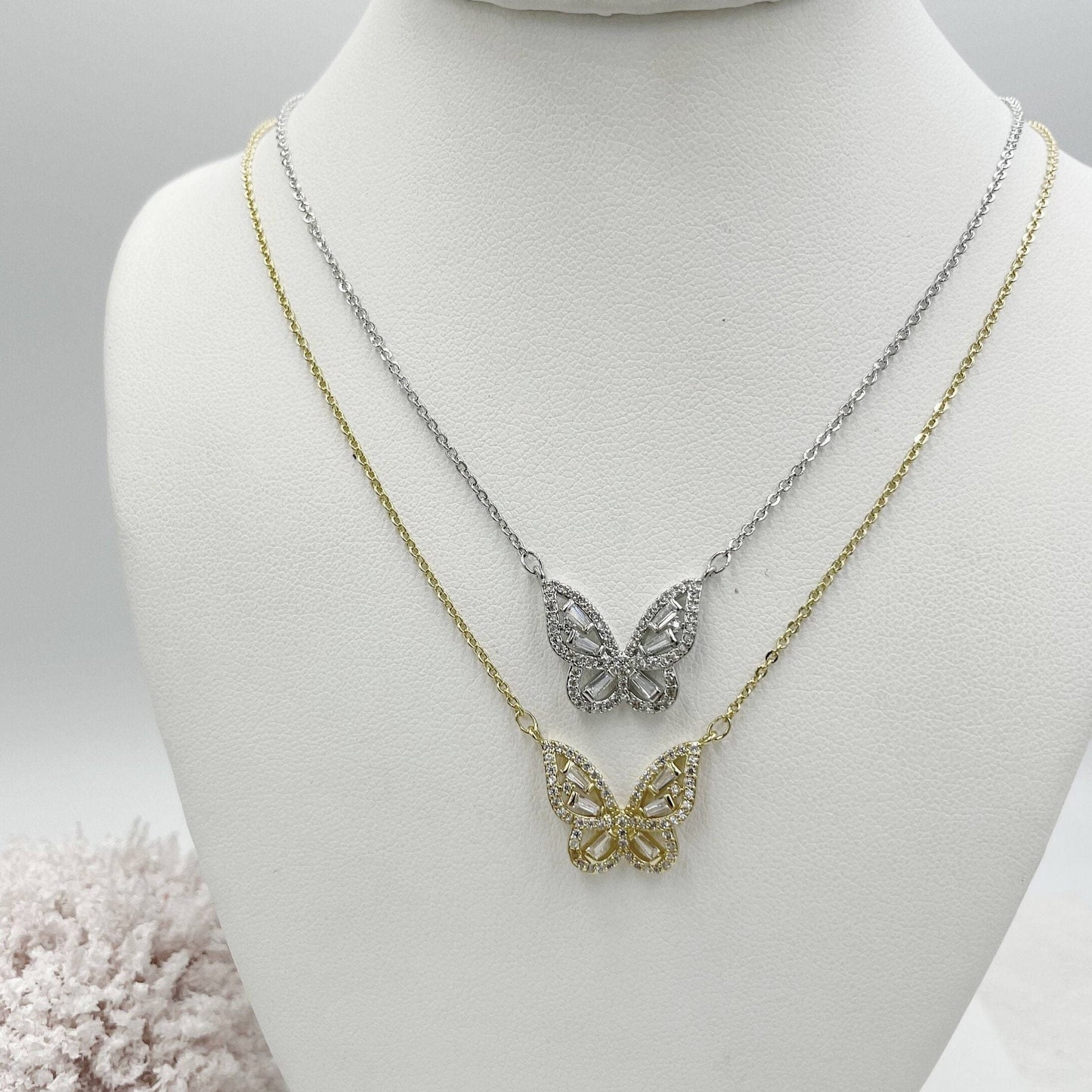 Baguette Cubic Zirconia Detail Butterfly Necklace