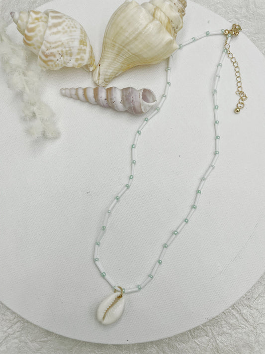 Cowrie Shells and Aqua Green Missangas Beach Necklace