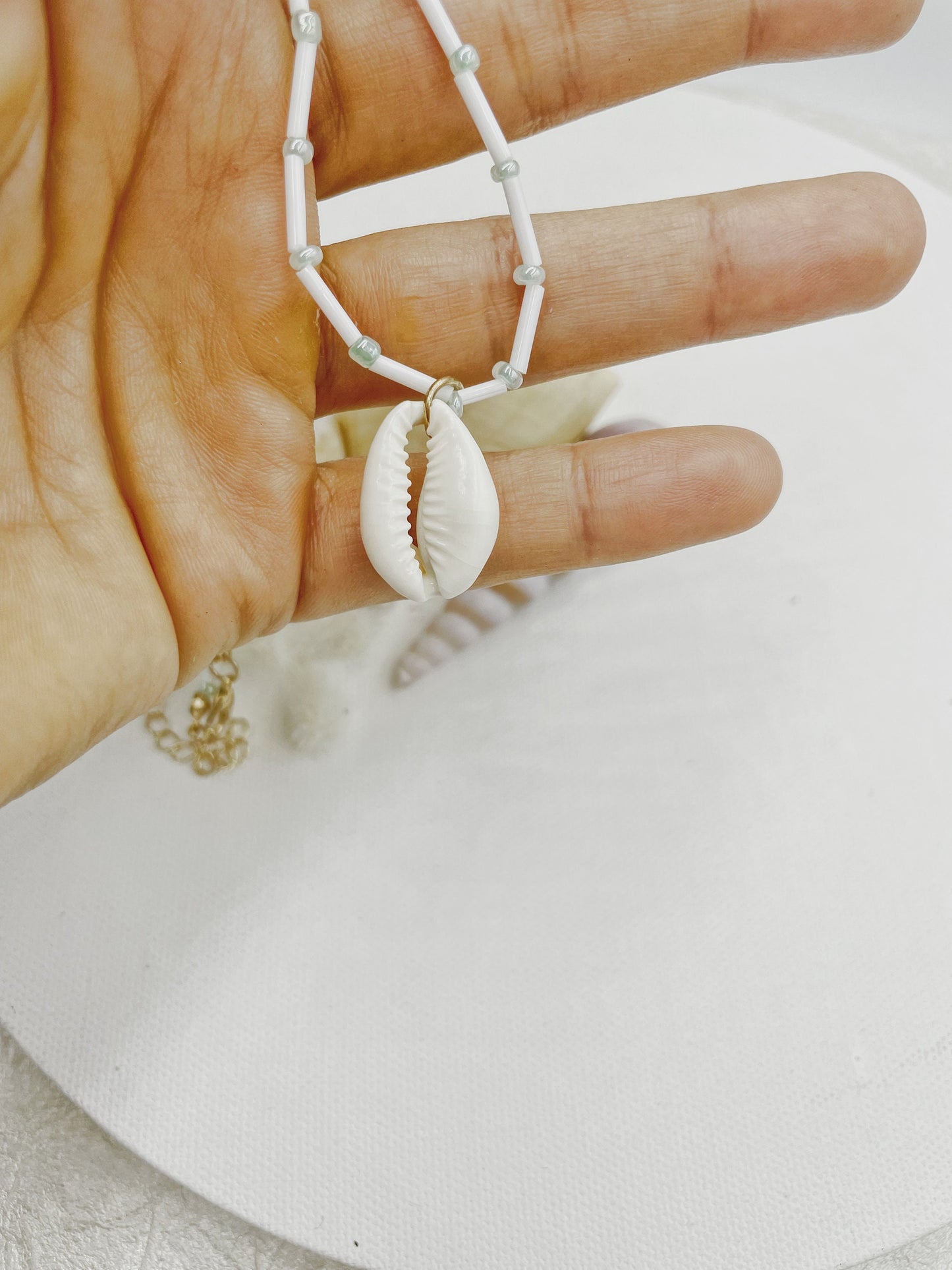 Cowrie Shells and Aqua Green Missangas Beach Necklace