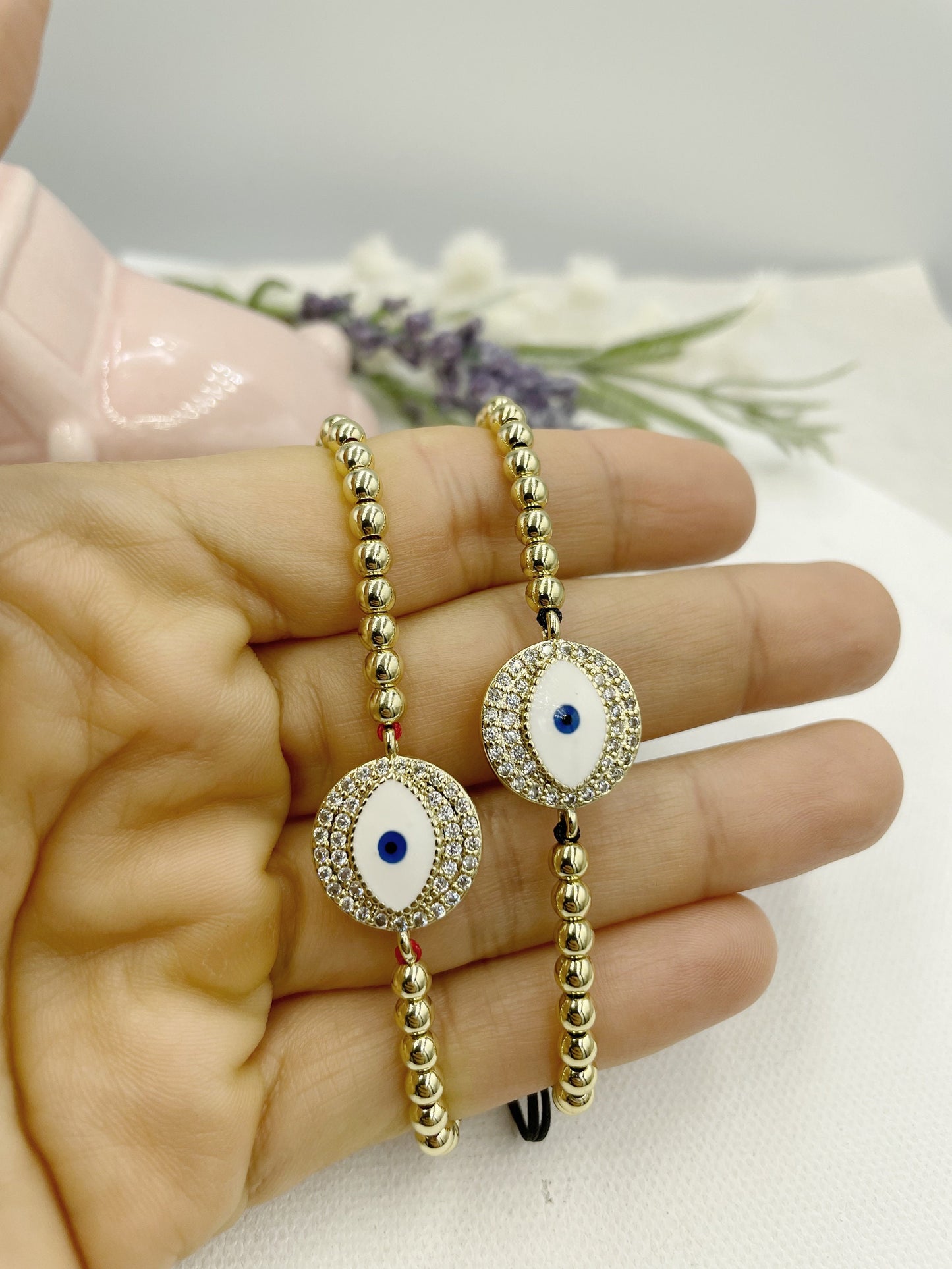 Cubic Zirconia White Greek Eye Pendant Beaded Bracelet
