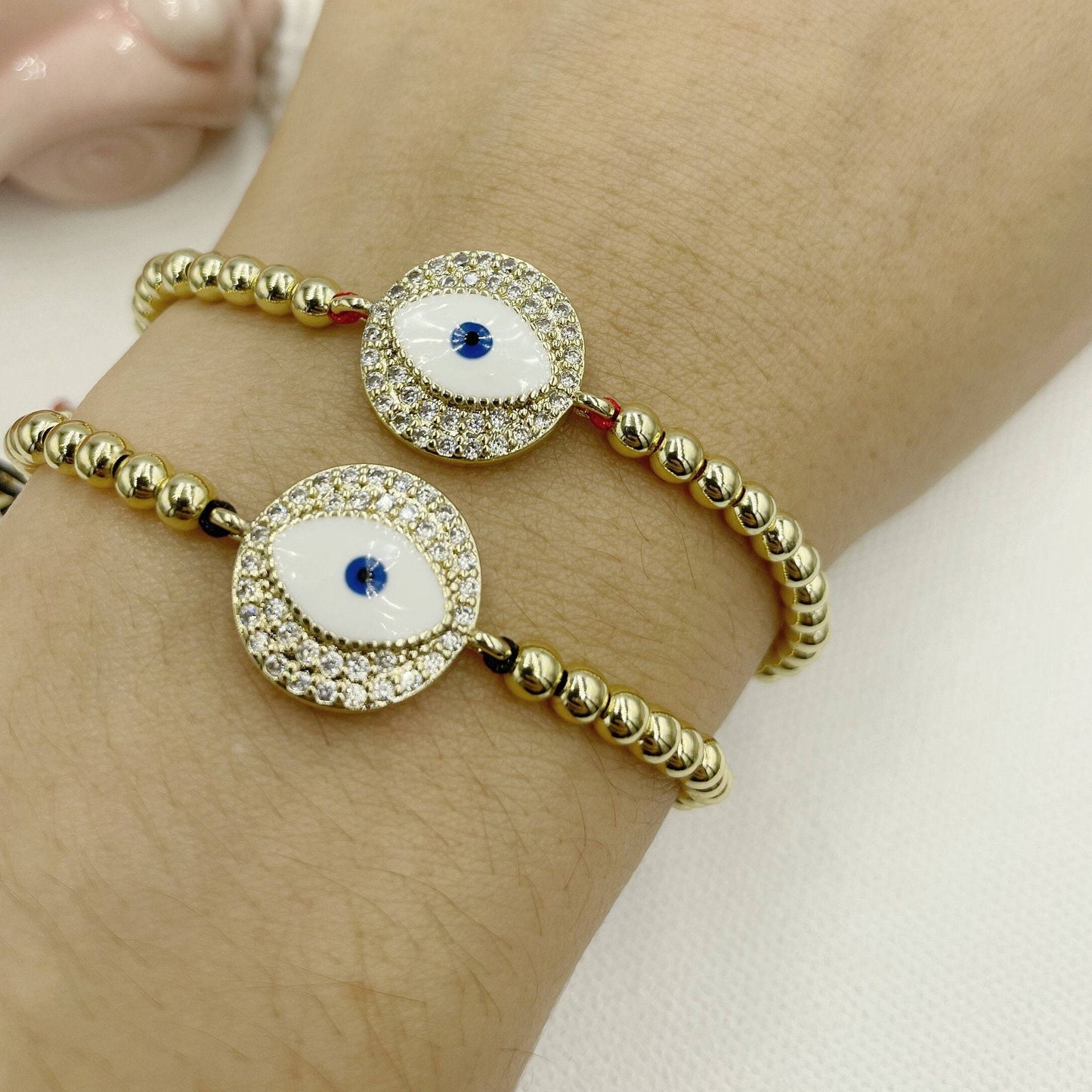 Cubic Zirconia White Greek Eye Pendant Beaded Bracelet