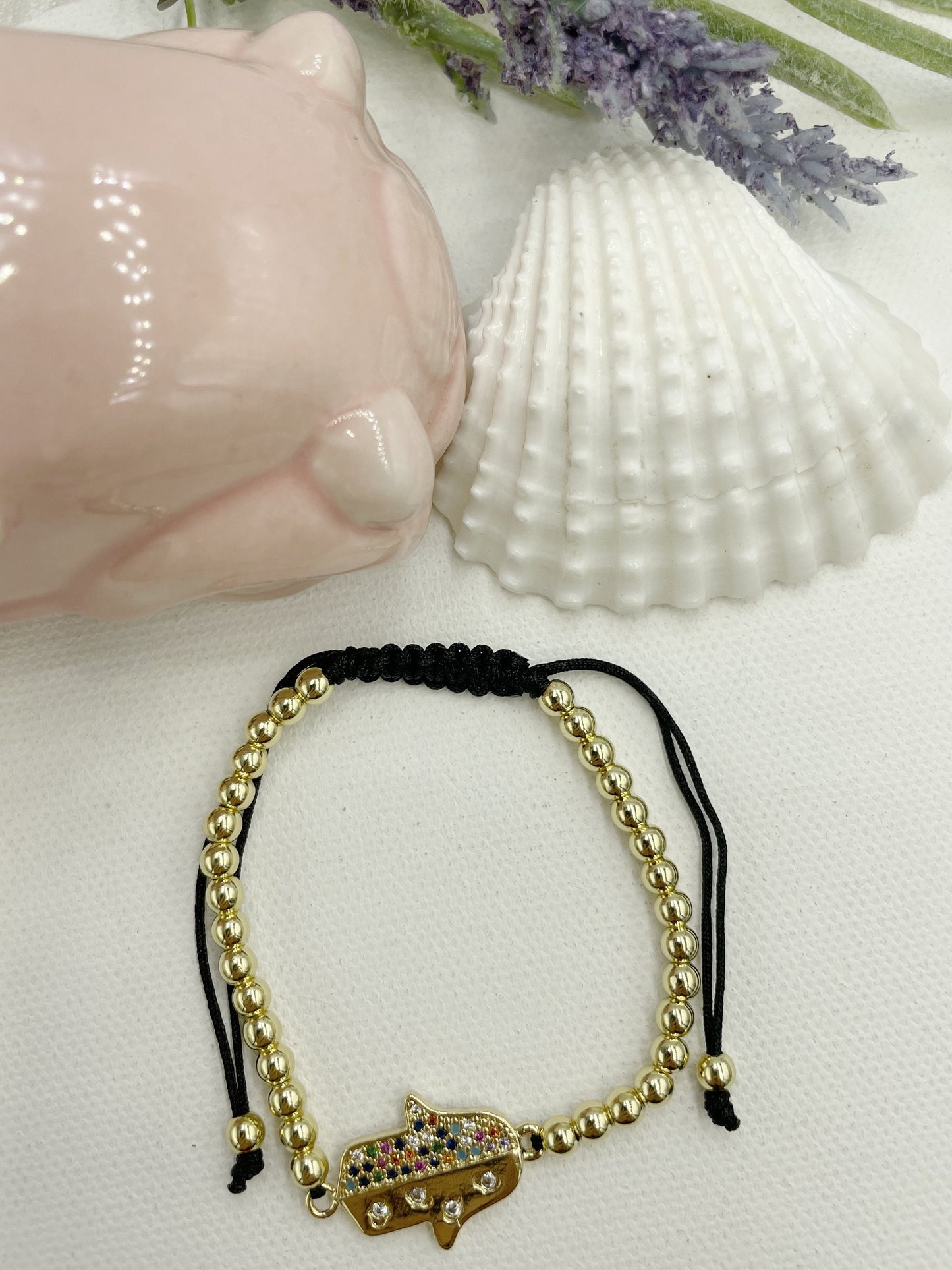 Beaded w Colorful Cubic Zirconia Hamsa Hand Bracelet