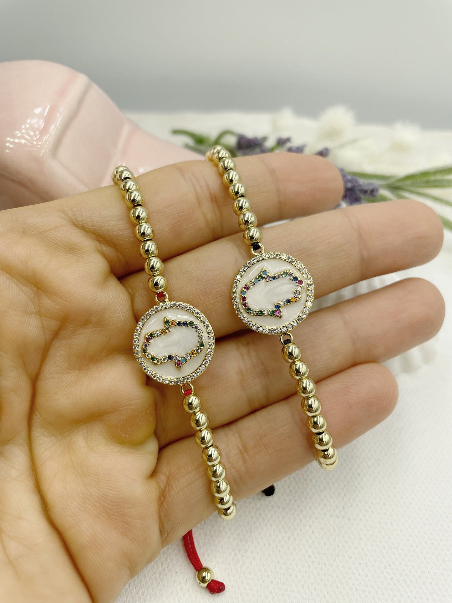 Zirconia Mother of Pearl Hamsa Hand Beaded Bracelet