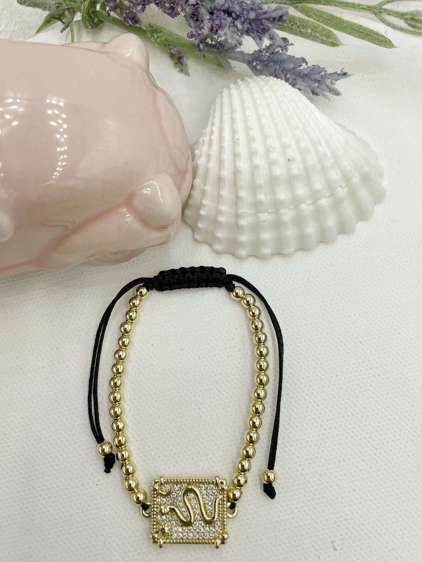 Cubic Zirconia Snake Square Pendant Beaded Bracelet