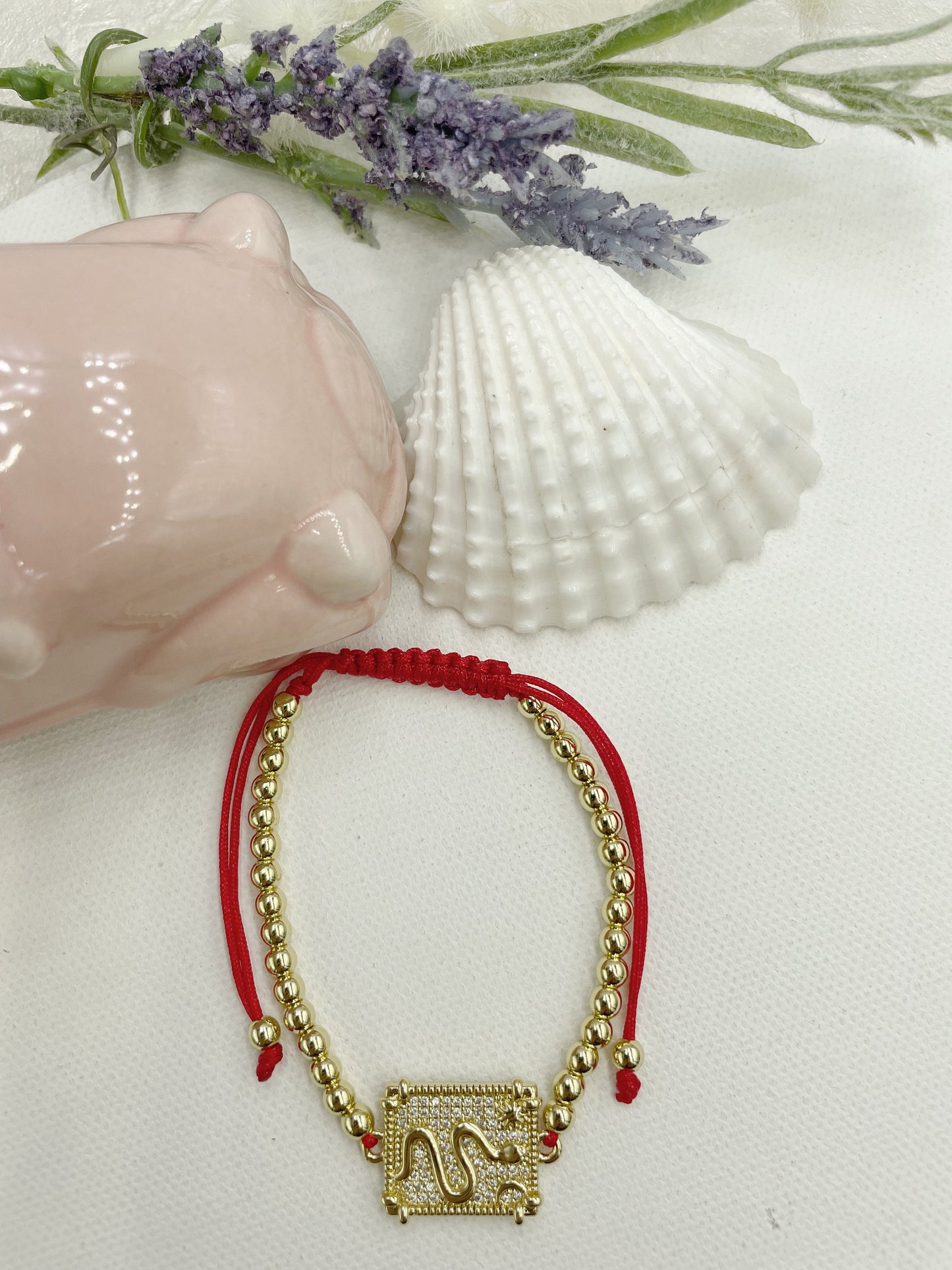 Cubic Zirconia Snake Square Pendant Beaded Bracelet