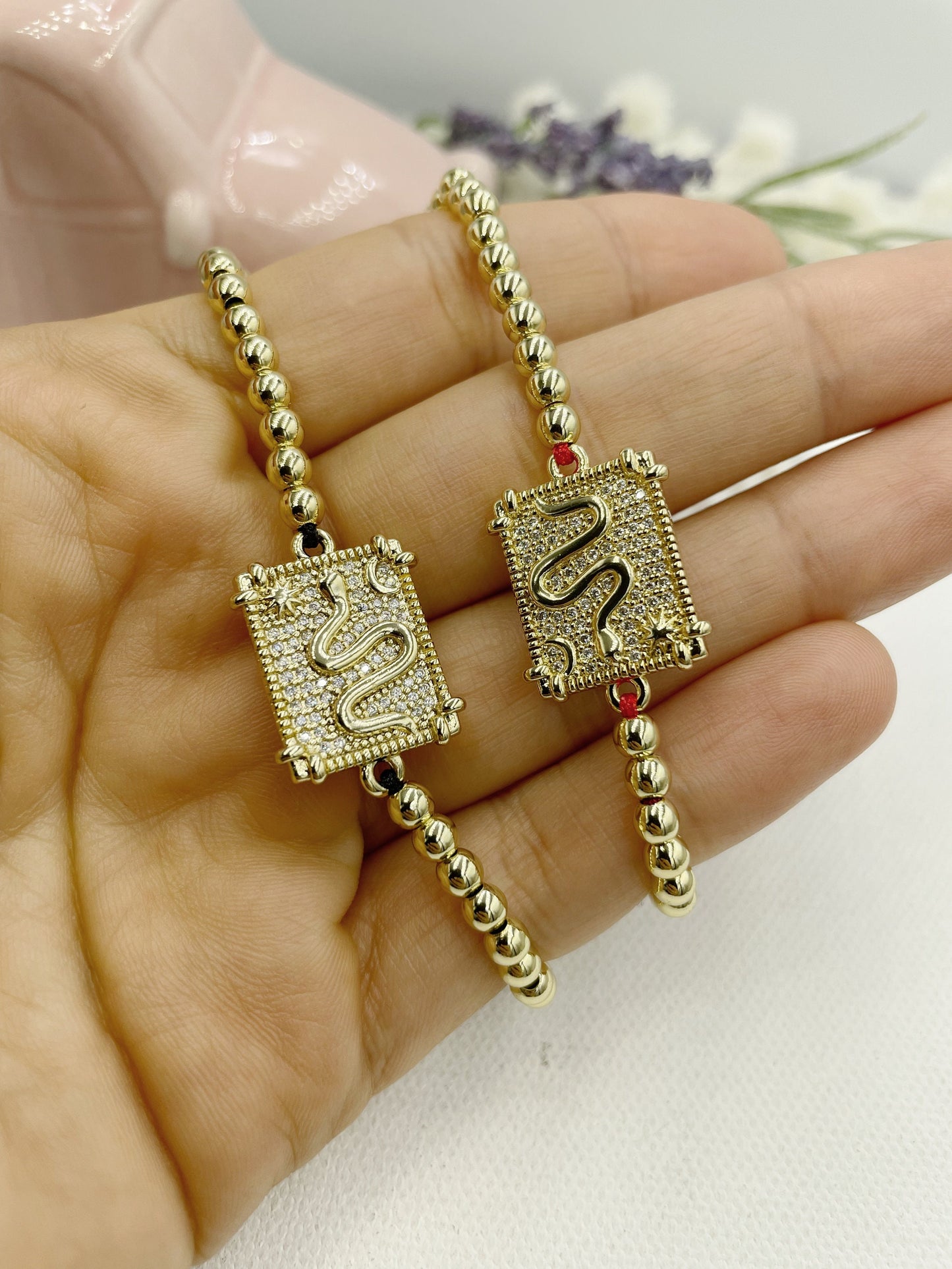 Cubic Zirconia Snake Square Pendant Beaded Bracelet