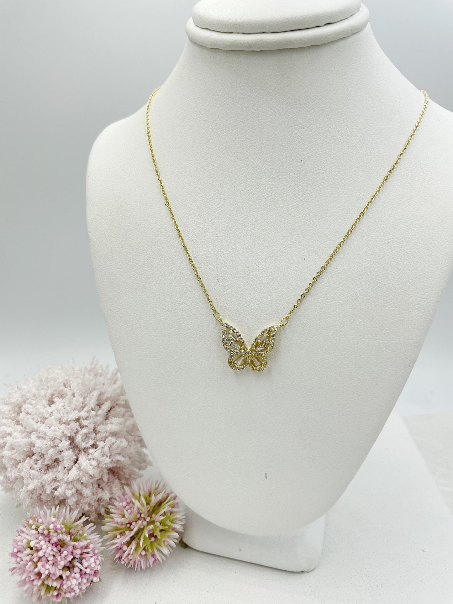 Baguette Cubic Zirconia Detail Butterfly Necklace