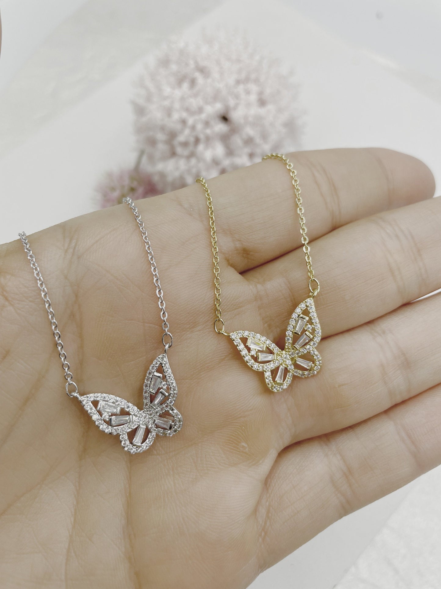 Baguette Cubic Zirconia Detail Butterfly Necklace
