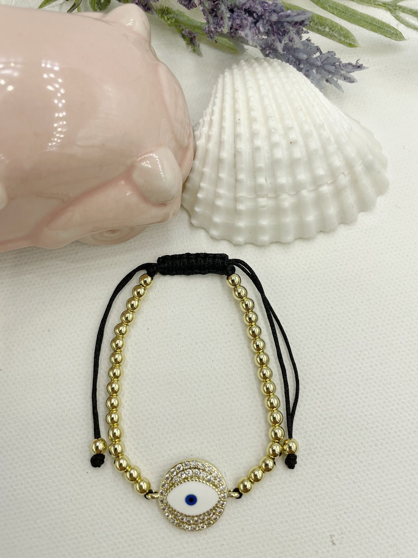 Cubic Zirconia White Greek Eye Pendant Beaded Bracelet