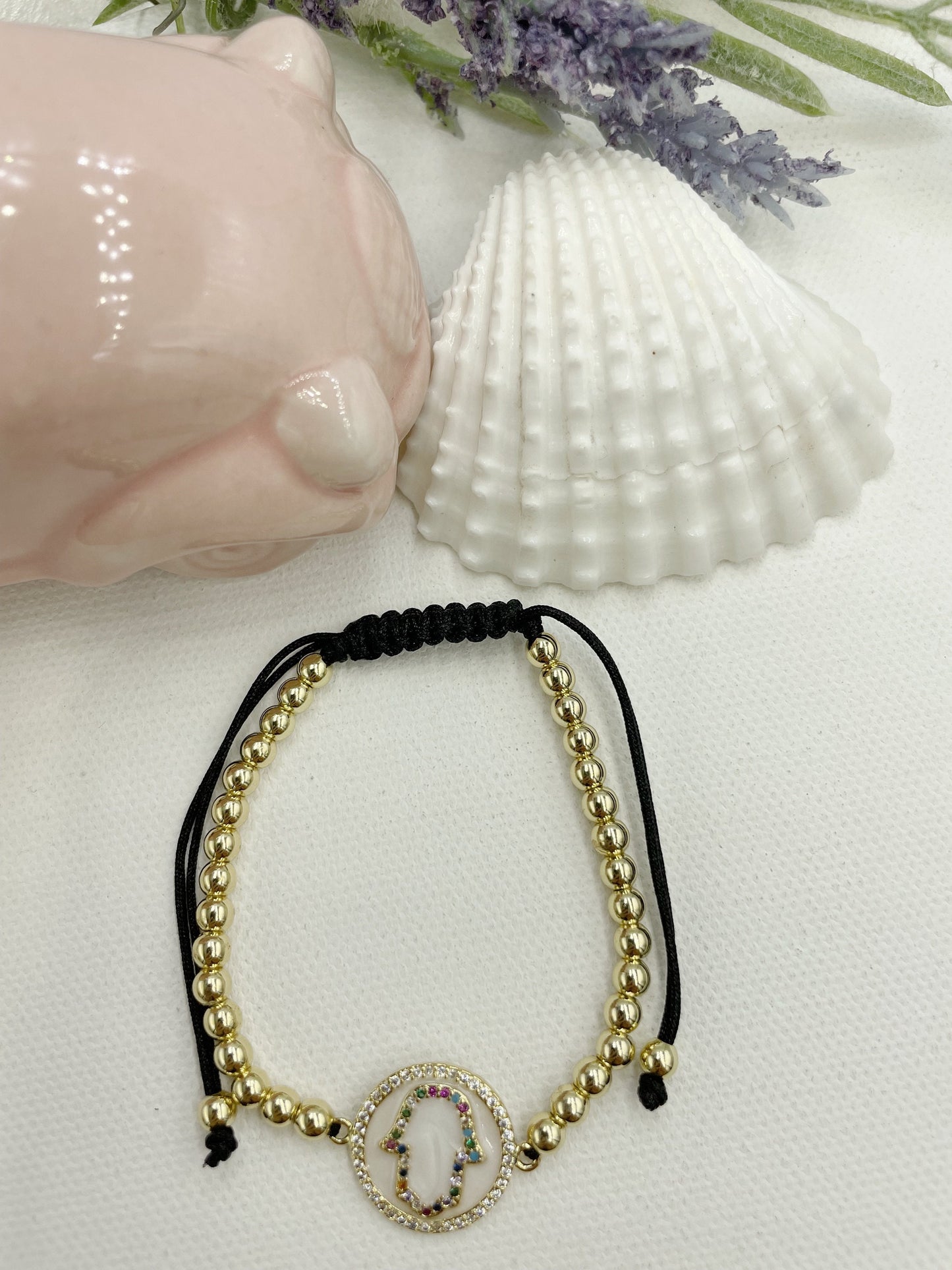 Zirconia Mother of Pearl Hamsa Hand Beaded Bracelet