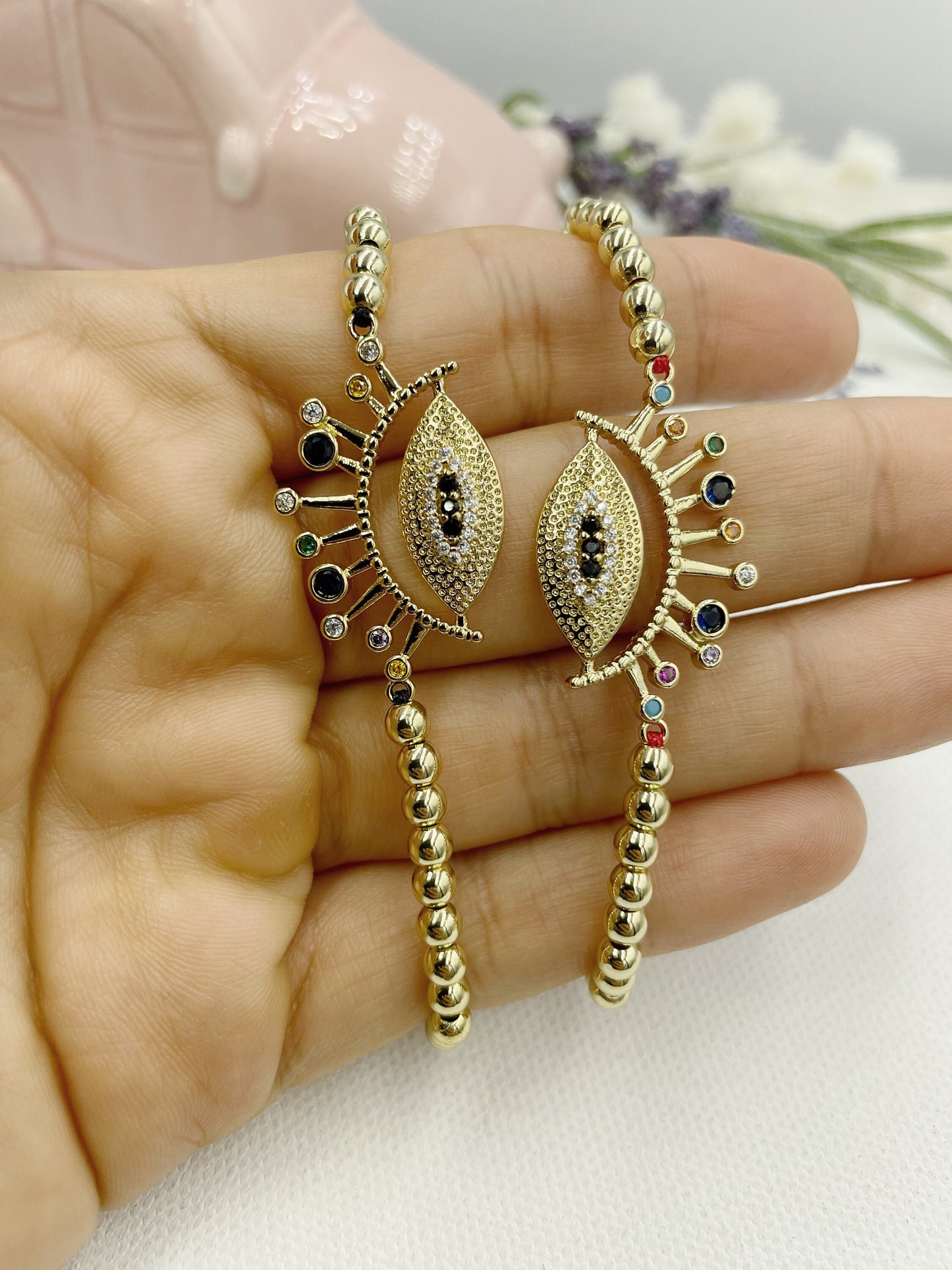 Beaded w Colorful Greek Eye Pendant Bracelet