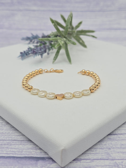 18k Gold Filled Rounded Pearl Flat Golden Heart-Shaped Bracelet
