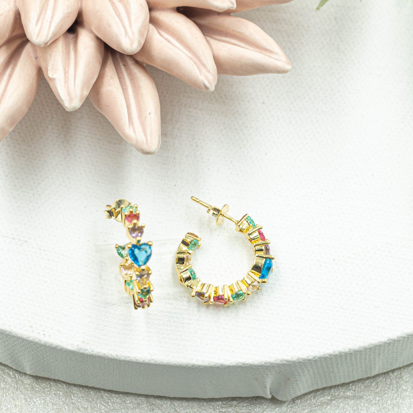 Colorful Cz Heart Open Hoops