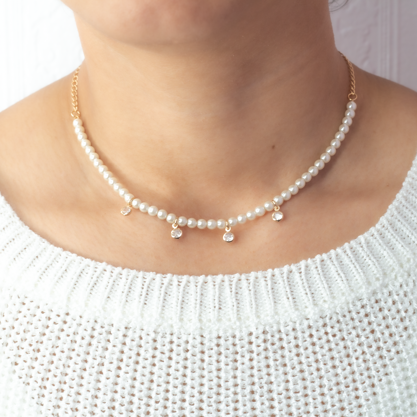 Cz Hanging Drop Pearl Choker