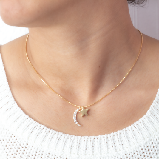 Cz Crescent Moon And Star Necklace