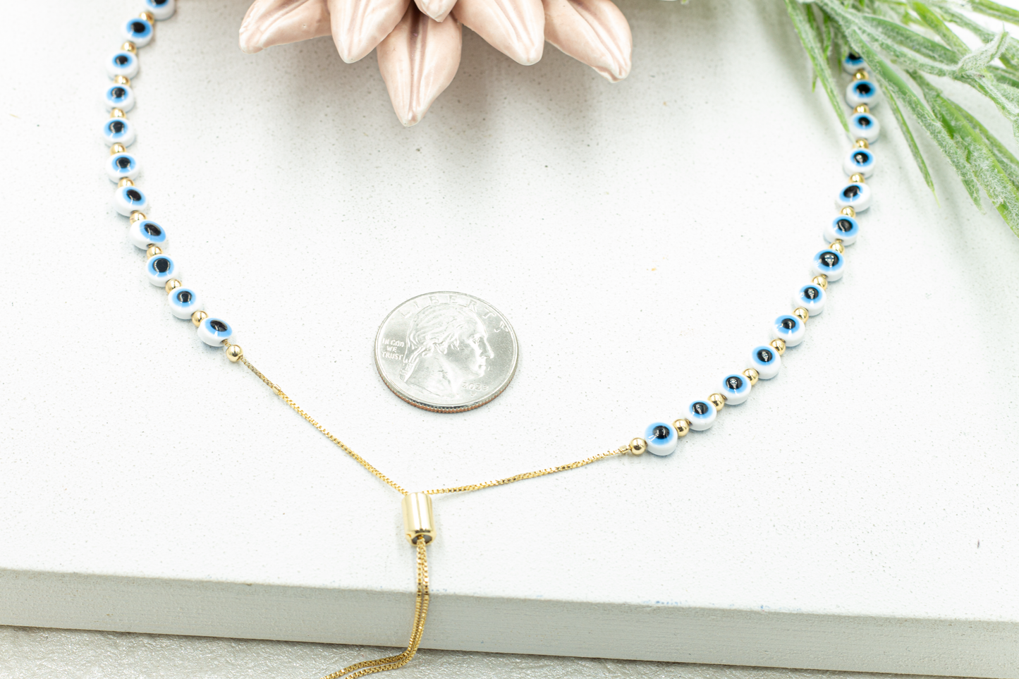 Blue Evil Eye Adjustable Necklace and Bracelet Set