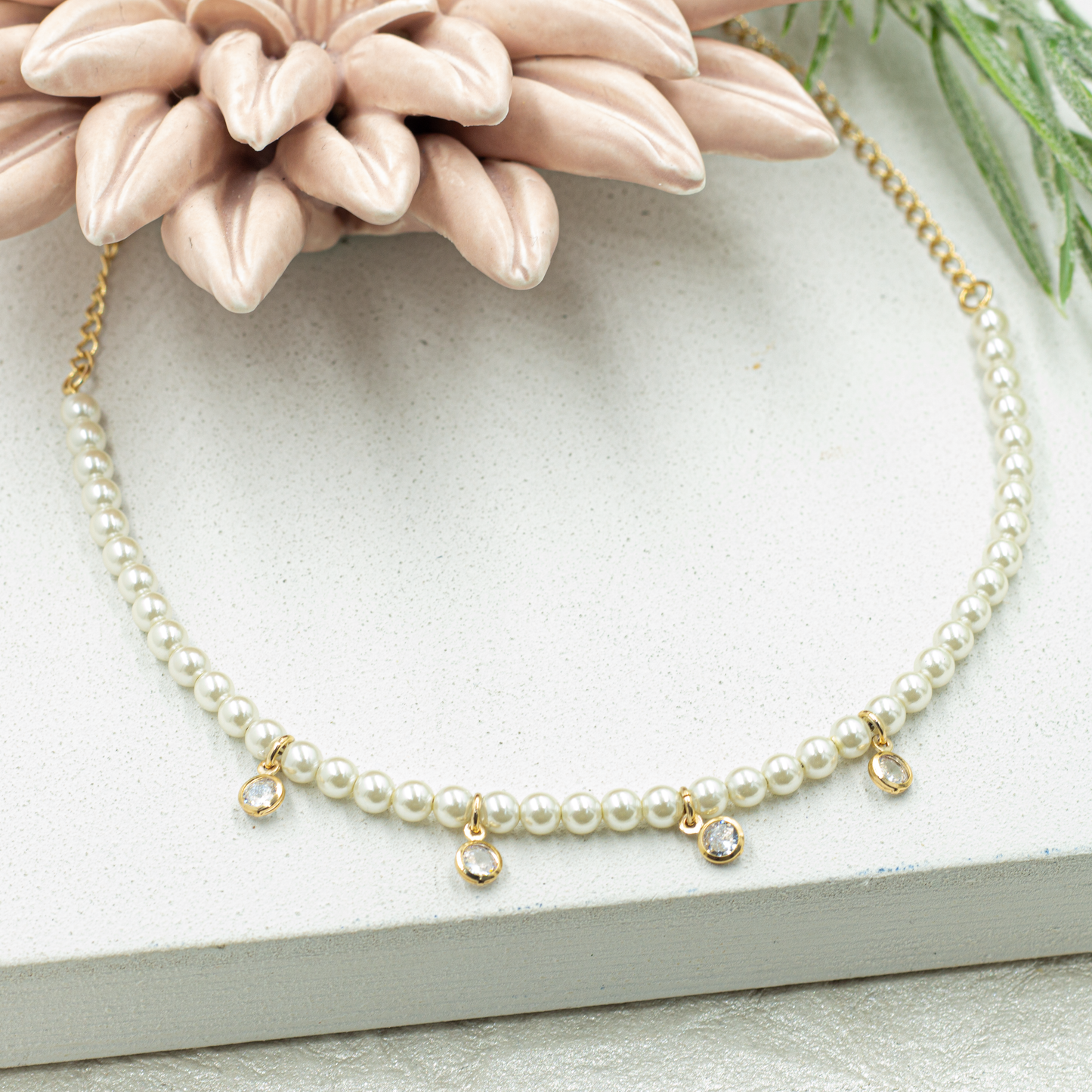 Cz Hanging Drop Pearl Choker