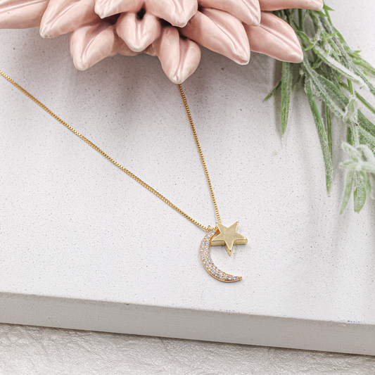 Cz Crescent Moon And Star Necklace