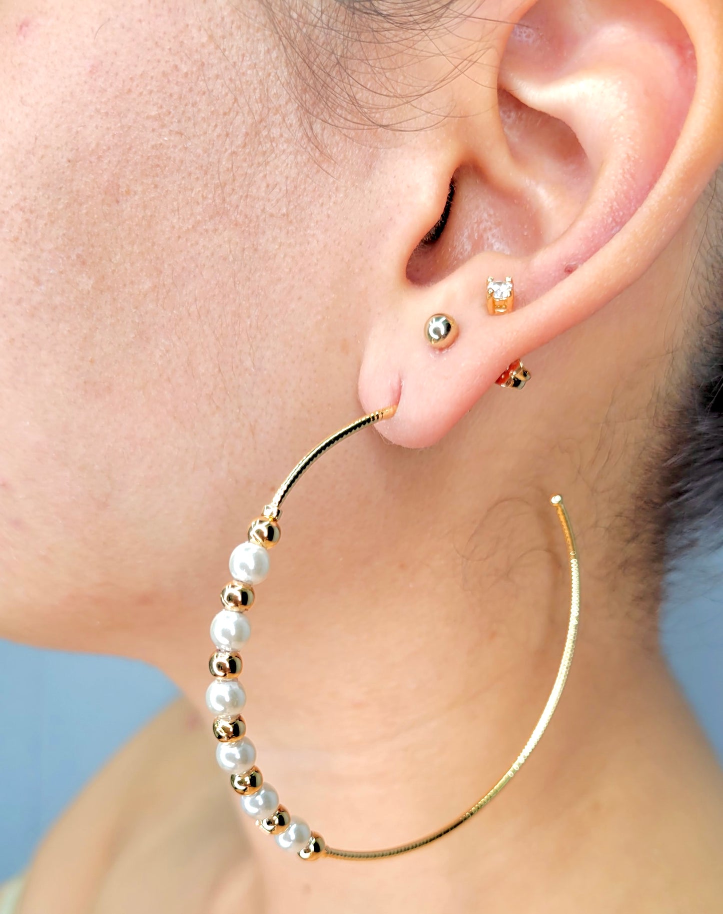 Thin Open Hoops With Half Pearls And Balls Earrings