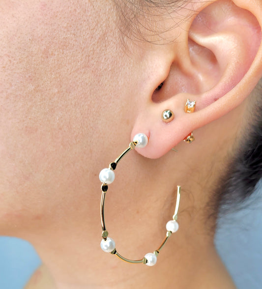Medium Open Hoops With Pearls And Balls Earrings