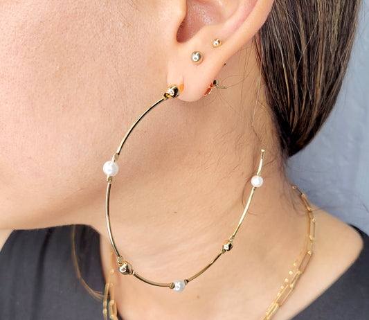 Small Balls And Pearl Open Hoops Earrings