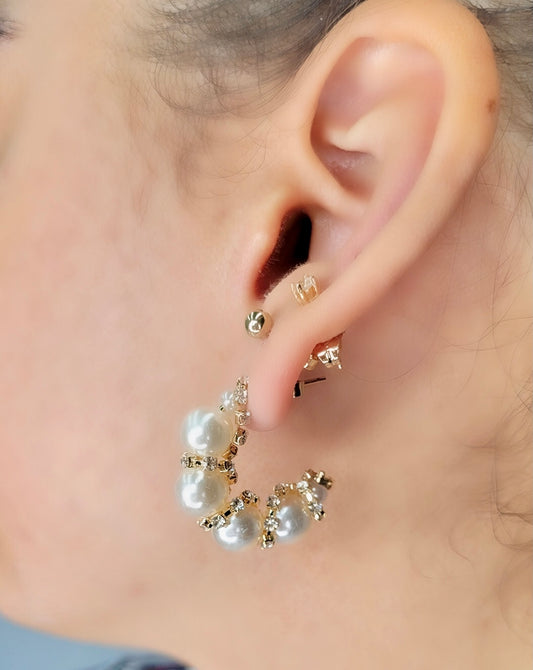 Elegant Pearl And Cz Stones Open Hoops Earrings