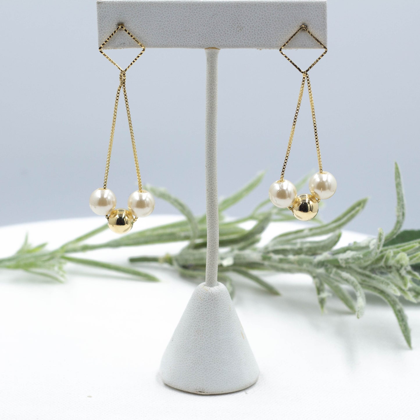 Two Pearl and One Ball Hanging Stud Earrings