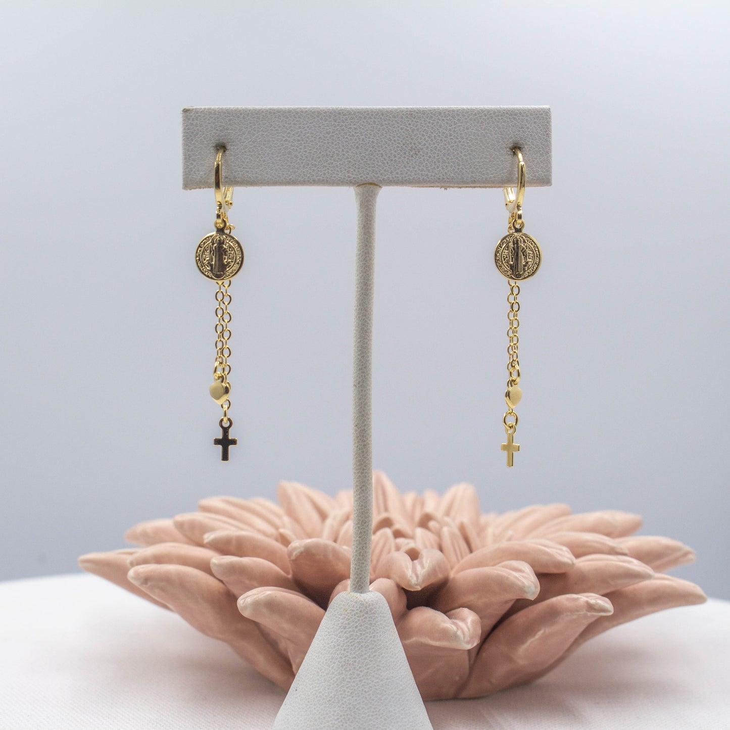 Cross, Saint Benedict and Heart Hanging Huggie Earrings