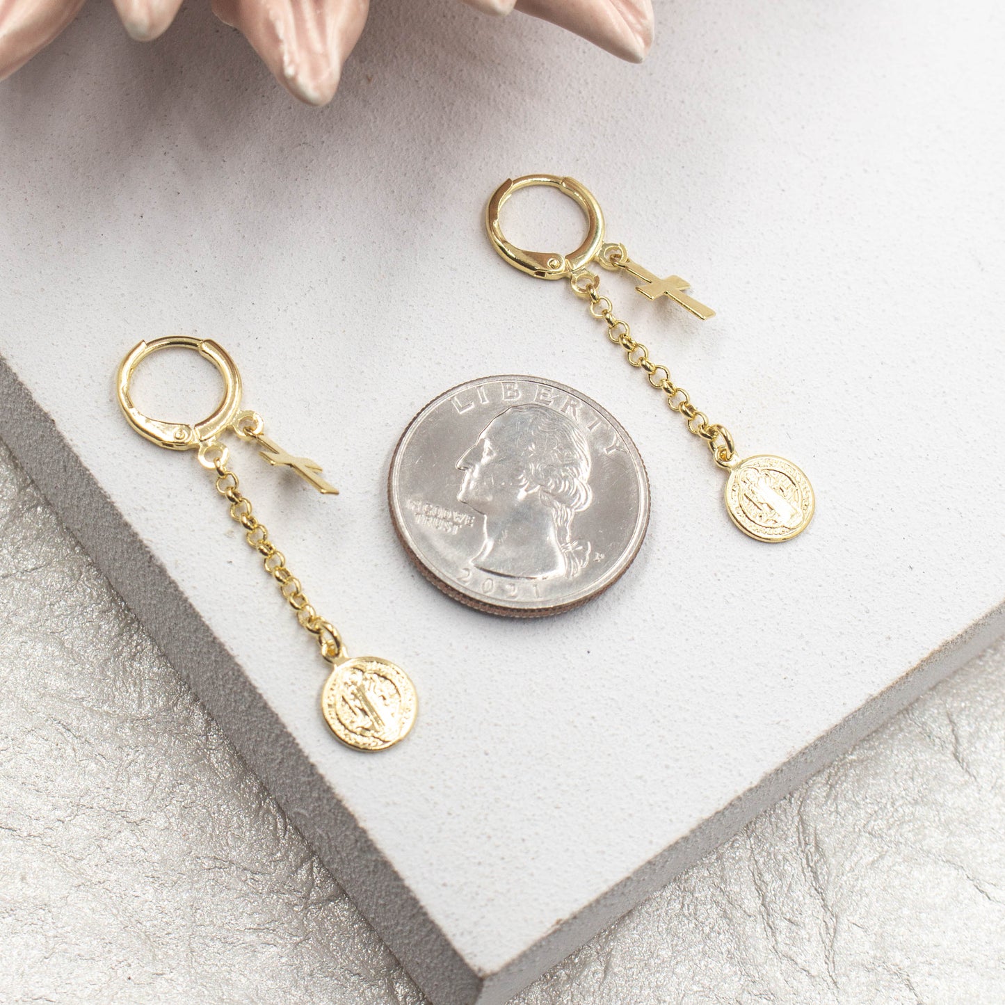 Saint Benedict Medal and Cross Hanging Huggie Earrings