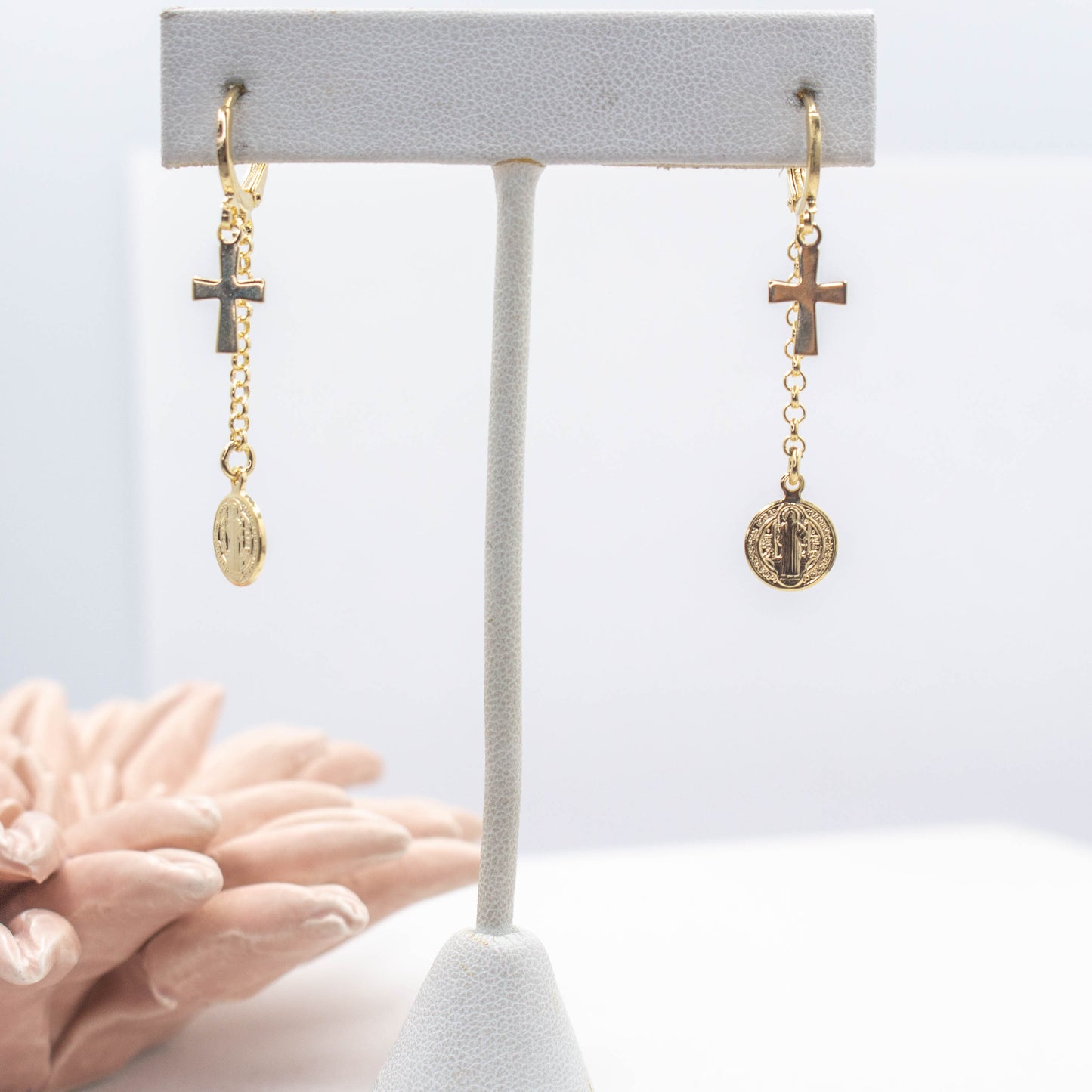 Saint Benedict Medal and Cross Hanging Huggie Earrings